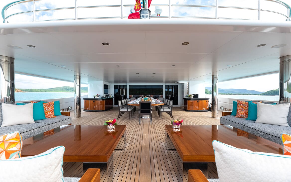 Motor Yacht SECRET Aft Deck Dining Table and Seating