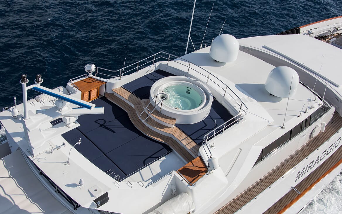 Motor yacht MIRAGGIO aerial hero shot with view of top deck jacuzzi