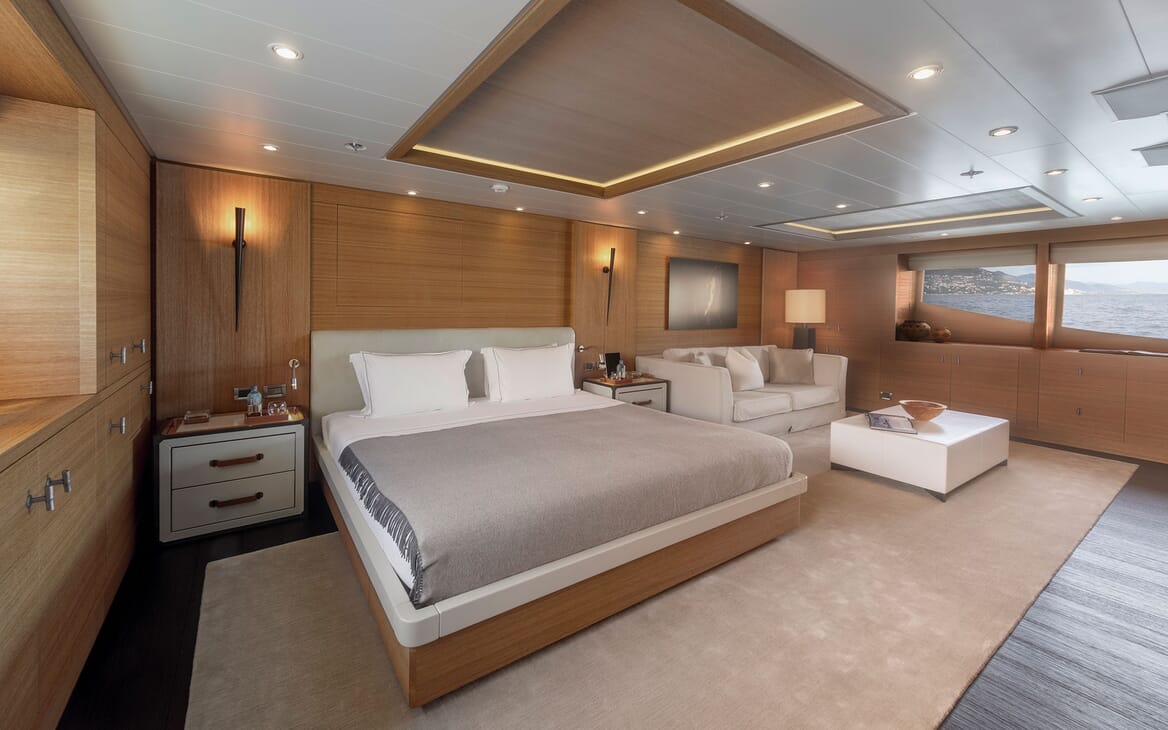 Motor yacht Spirit master suite with seating area and sea views