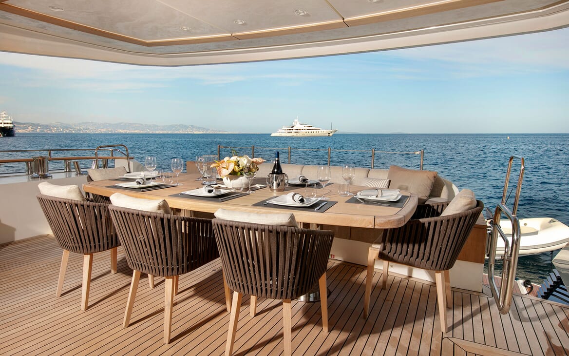 Motor Yacht EMERALDA OF THE SEAS Sun Deck Jacuzzi and Dining Table