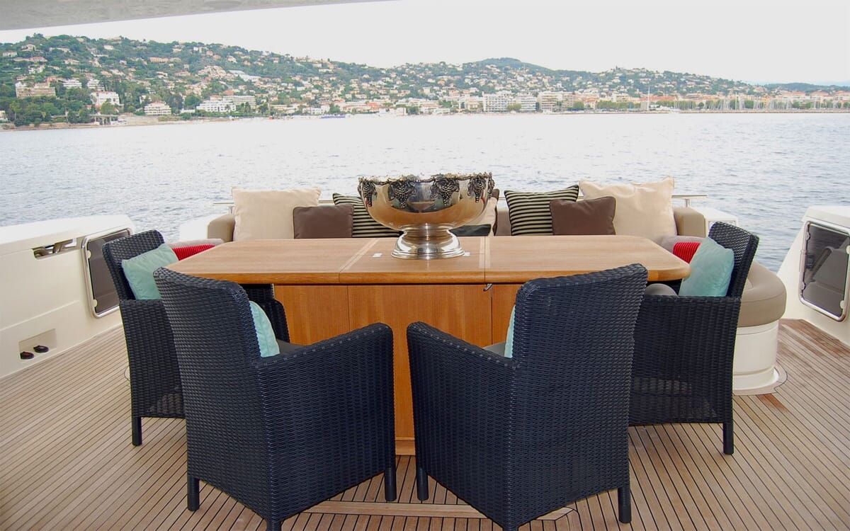 Exterior view of the JPS yacht, 24.71m. A dining area with chairs and a table is set up on deck with a scenic coastal background.