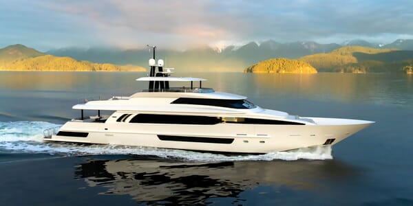 Motor yacht CRESCENT 117 hero shot on water with green landscape