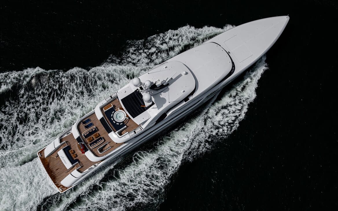 Motor Yacht SOARING Birds Eye View Underway