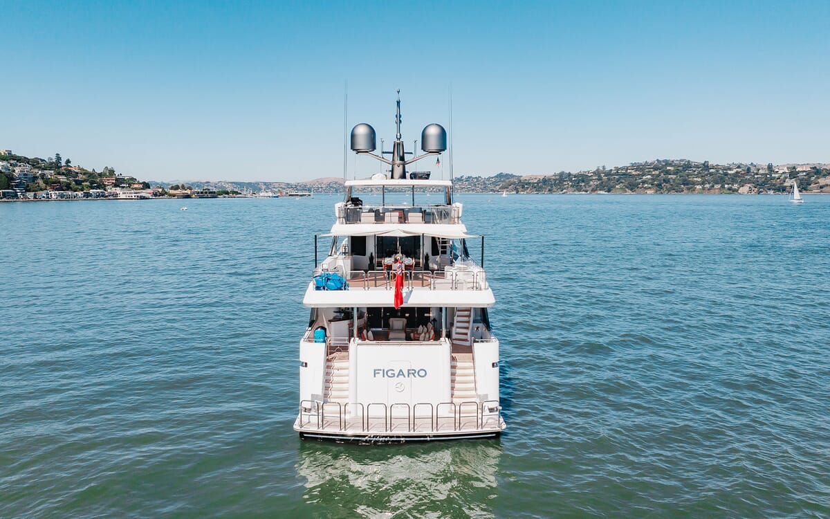 Aerial view of the luxury yacht FIGARO, a 39.62m vessel, at sea. The yacht's stern is visible with its name prominently displayed.