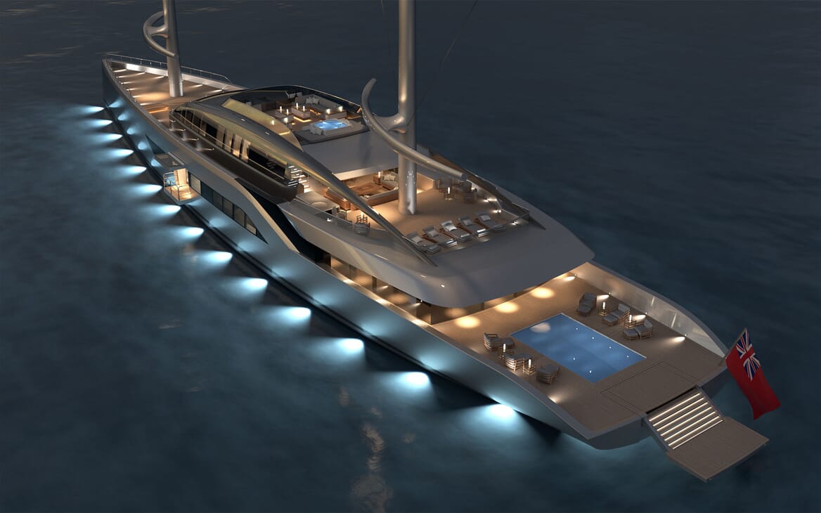 Night time lighting of luxury yacht Project Dawn