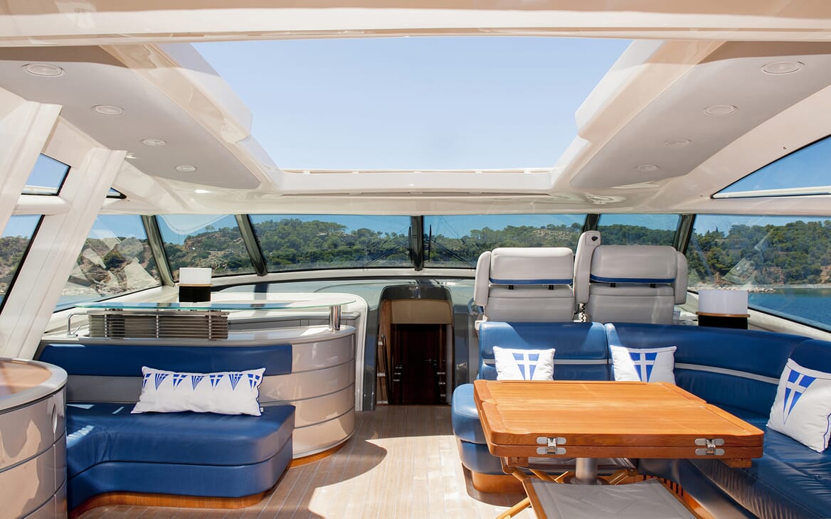 Motor Yacht SLIP AWAY upper deck lounge area with water views and cockpit
