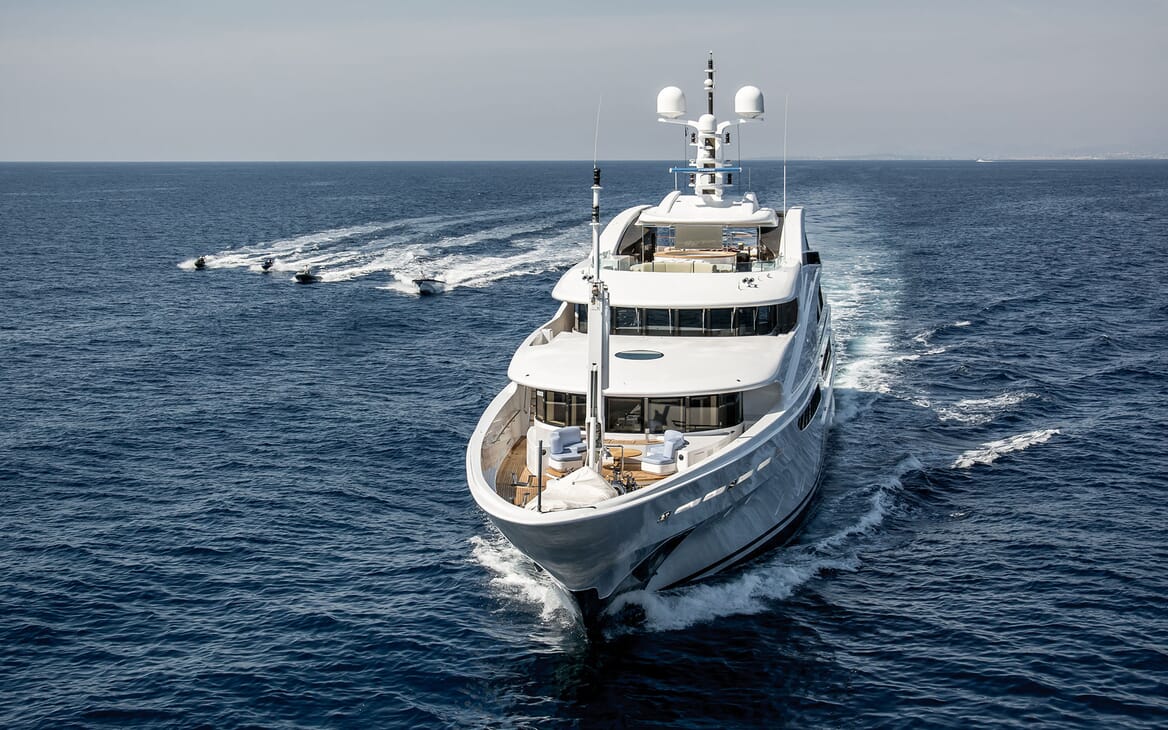 Motor Yacht ST DAVID Bow Underway With Tenders and Toys