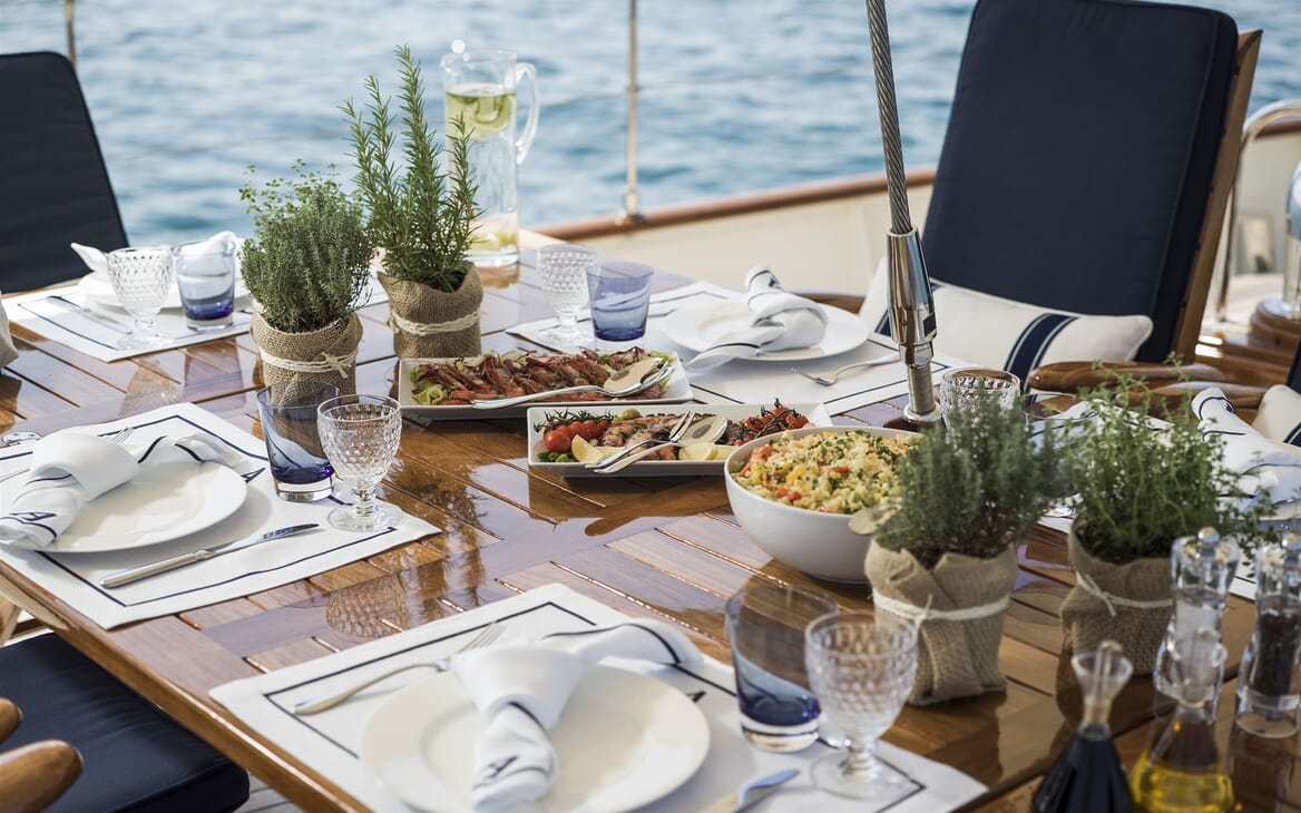 Sailing Yacht ALEXA OF LONDON Sun Deck Dining Detail