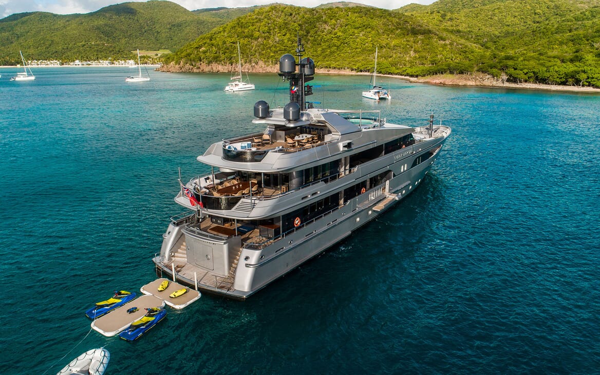 Motor Yacht VIBRANCE Aerial View with Swim Platform and Toys